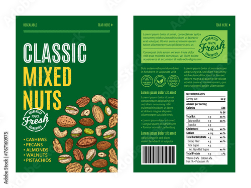 Vector mixed nut packaging design template. Almond, pecan, cashew, pistachio, walnut illustration