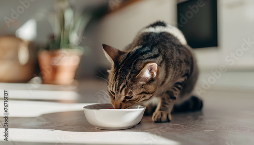 cat asks to eat from an empty bowl against the background of a white kitchen