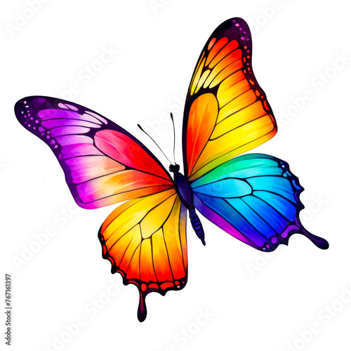 Colorful butterfly fluttering, rainbow colored, watercolor illustration, clipart, for decoration of wedding, greeting, invitation cards, cutout on white background, vector, insect © Watercolor Resources
