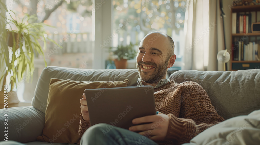 Stylish, modern man smiling at camera and using a tablet in his hands.