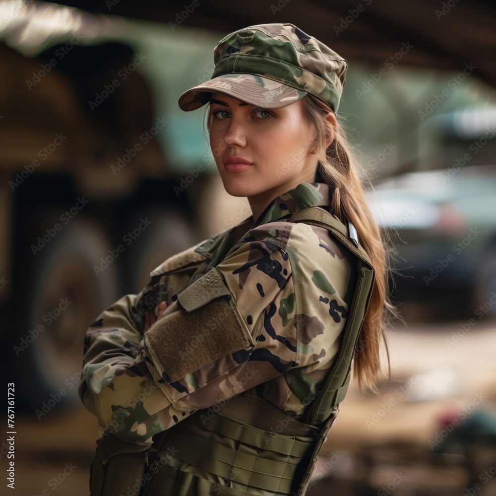 soldier, A brave woman in military uniform standing at attention, Army base background, woman, diversity soldier, A brave woman in military uniform standing at attention, Army base background, woman, diversity