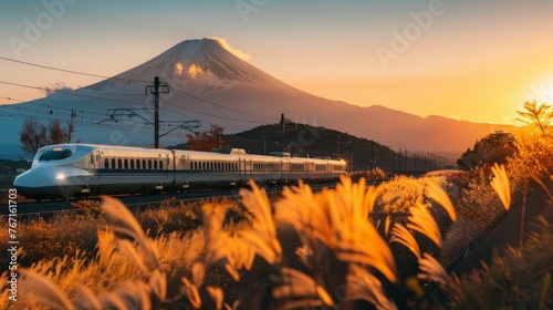 Golden Sunset Over The Fast-Moving Shinkansen Train With Mount Fuji Silhouetted in the Distance