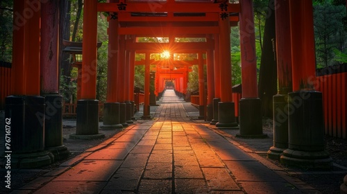 Sunset through the Torii Gates at Fushimi Inari Shrine, a Path to Tranquility