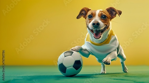 Playful Pup Chasing Soccer Ball on Grassy Field