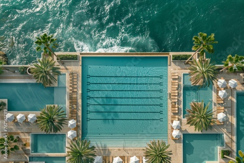 Luxury Infinity Pool Overlooking the Turquoise Sea with Palm Trees and Sunbeds