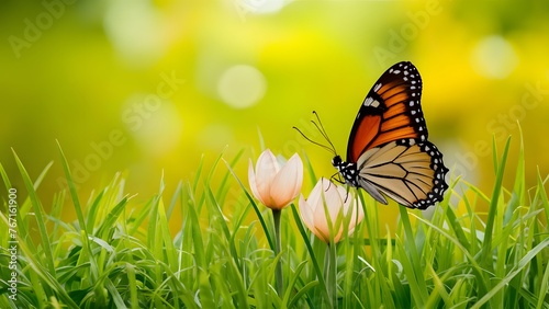 Easter spring background with fresh butterfly and yellow green grass © Muhammad Ishaq