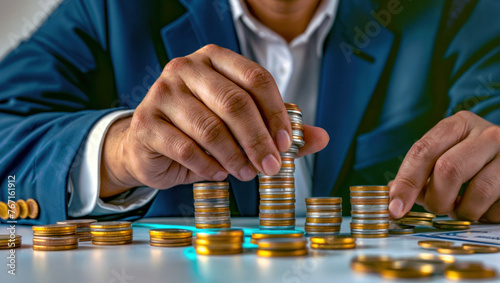 Strategic financial management. Businessman in suit collecting coins on top of table, symbolizing success in investing, wealth growth, and business profitability