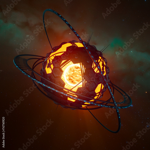 Fototapeta Naklejka Na Ścianę i Meble -  Futuristic Orbital Space Station Circling a Brilliant Star in Distant Cosmos