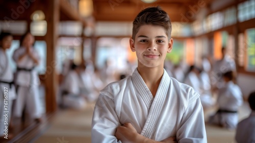 Karate or Judo asian martial art training in a dojo hall. Young student teenager wearing white kimon