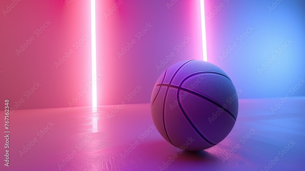 Basketball ball with glowing lines on colorful blue and pink neon light background. Futuristic sport concept. 3d rendering Basketball ball with glowing lines on colorful blue and pink neon light background. Futuristic sport concept. 3d rendering