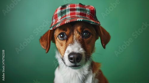 Adorable Jack Russell Terrier Puppy in Plaid Cap Gazing Curiously at in Green Studio © vanilnilnilla