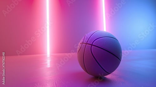 Basketball ball with glowing lines on colorful blue and pink neon light background. Futuristic sport concept. 3d rendering © Nataliia