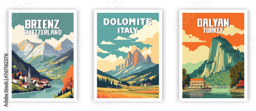 Brienz, Dolomite, Dalyan Illustration Art. Travel Poster Wall Art. Minimalist Vector art photo