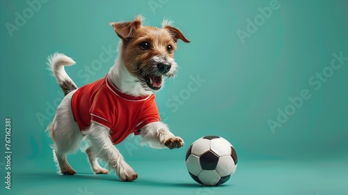 Playful Jack Russell Terrier Kicking Soccer Ball in Studio with Green Background © vanilnilnilla