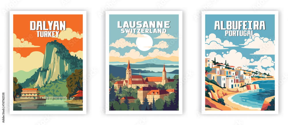 Dalyan, Lausanne, Albufeira Illustration Art. Travel Poster Wall Art. Minimalist Vector art