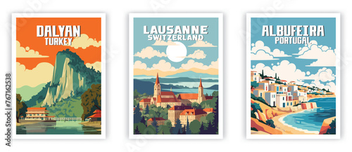 Dalyan, Lausanne, Albufeira Illustration Art. Travel Poster Wall Art. Minimalist Vector art