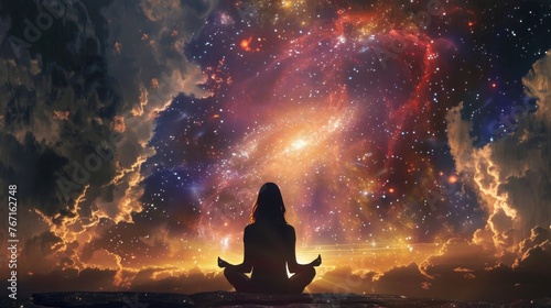 Spanish woman in meditative pose amidst cosmic setting, emphasizing spirituality.