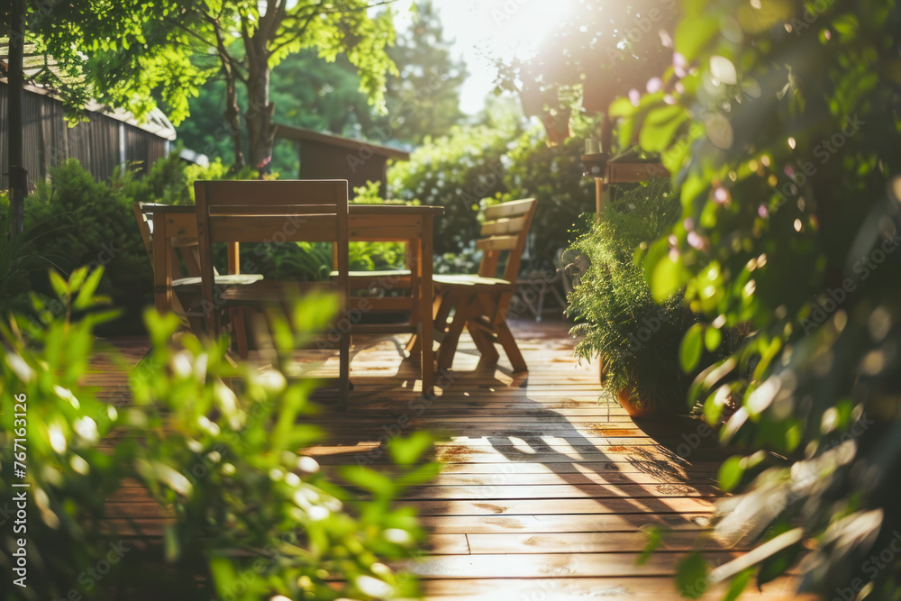 Beautiful wooden terrace with garden furniture surrounded by greenery on a warm, summer day.