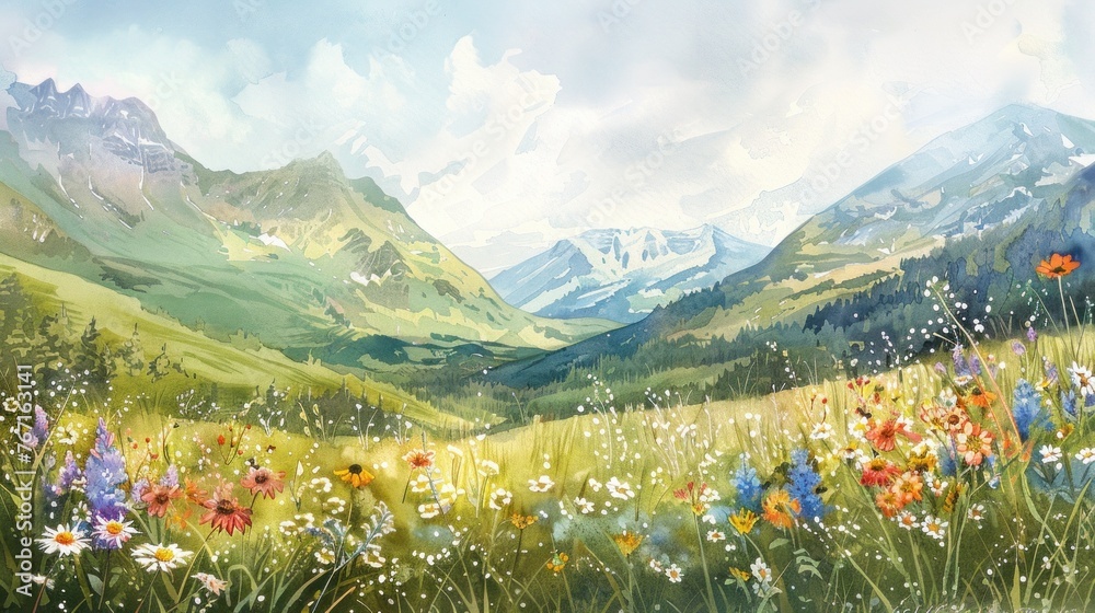 Tranquil watercolor summer landscape with wildflowers and majestic mountains, emphasizing peace and beauty.