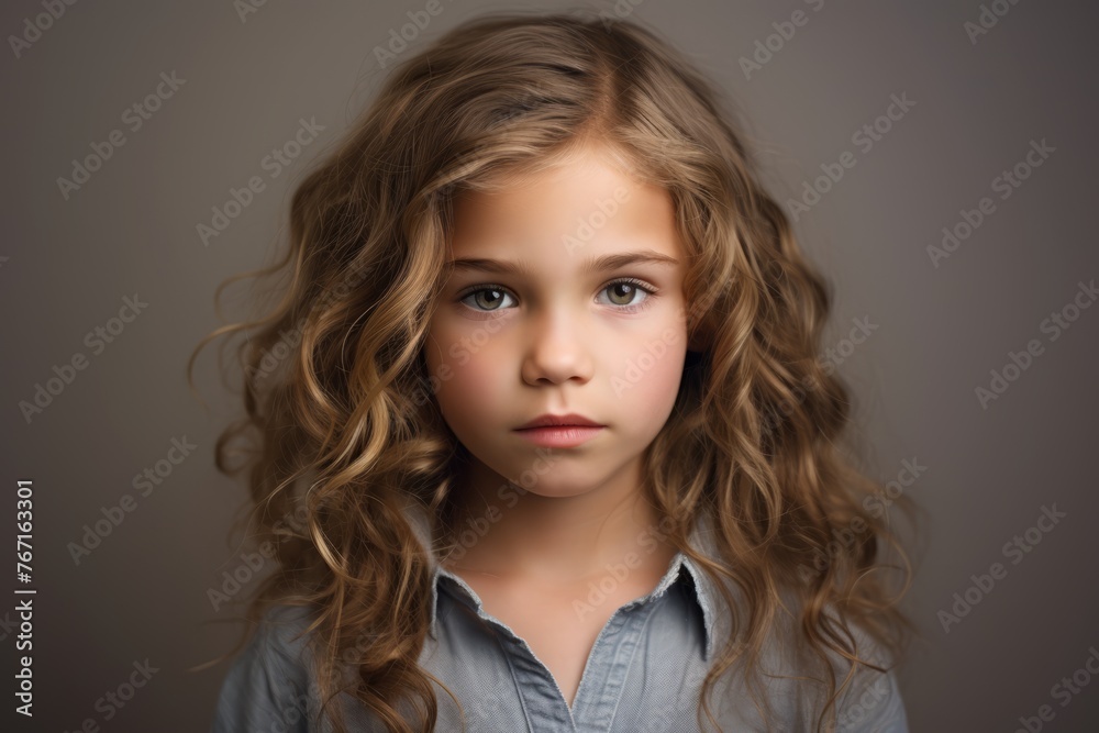 Portrait of a beautiful little girl with long curly hair. Studio shot.