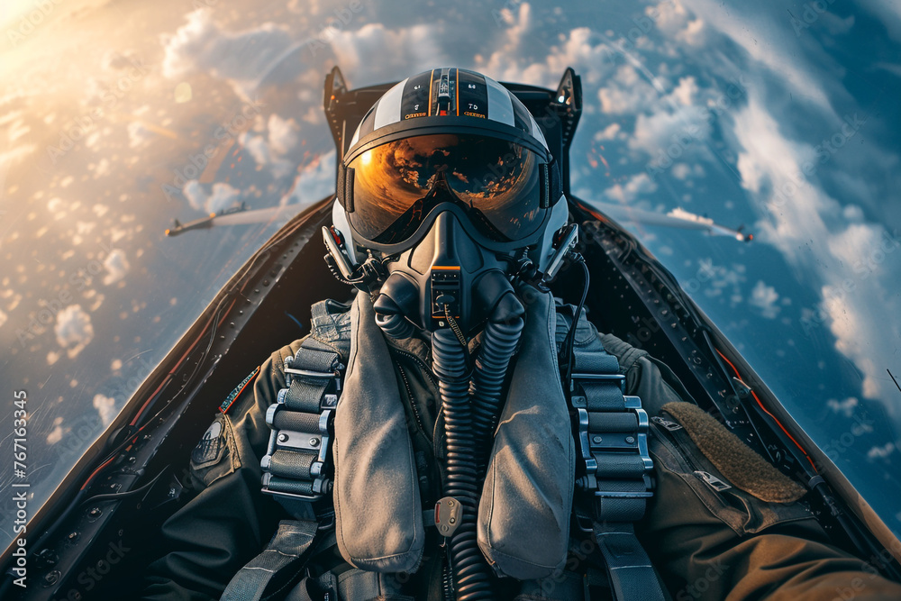 Portrait of a fighter pilot in an aircraft cockpit in the sky during aviator military mission. Portrait of a fighter pilot in an aircraft cockpit in the sky during aviator military mission.