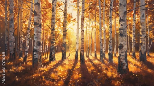 Oil painting of birch forest at sunset, capturing the warm hues and dappled light.