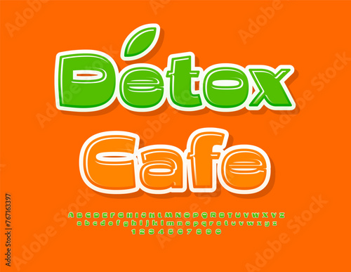 Vector healthy concept Detox Cafe. Creative Green Font. Trendy Alphabet Letters and Numbers Symbols set.