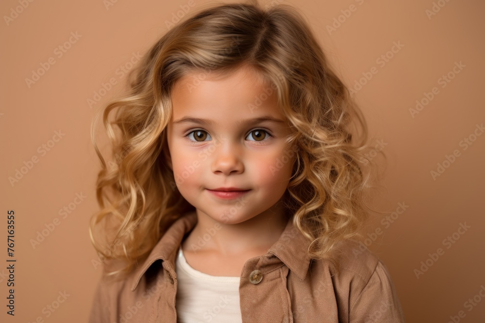 Portrait of a cute little girl with blond curly hair on a brown background Portrait of a cute little girl with blond curly hair on a brown background