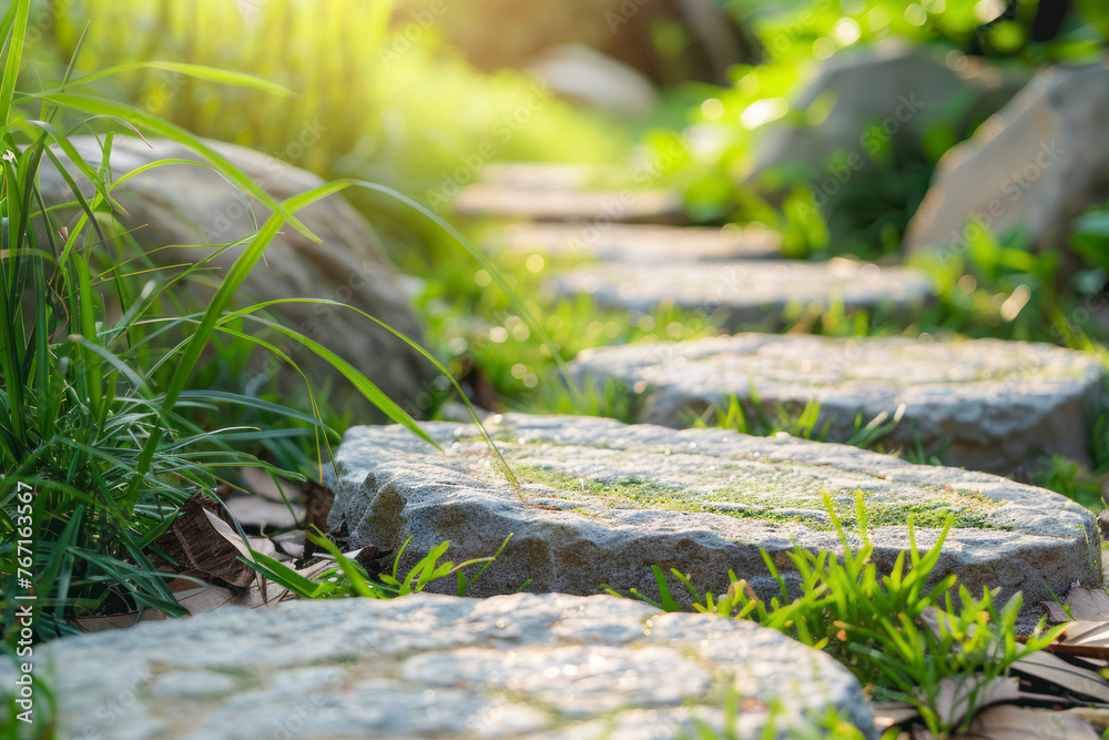 Garden stone path with grass growing up between the stones.Detail of a botanical garden. Garden stone path with grass growing up between the stones.Detail of a botanical garden.