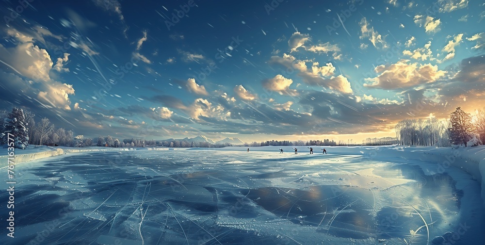 Panoramic view of the snow-covered shore of the frozen Baltic sea at sunset. Ice fragments close-up. Colorful cloudscape, soft sunlight. Symmetry reflections on the water. Christmas, seasons, winter - obrazy, fototapety, plakaty 