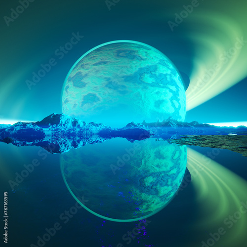 Enigmatic Alien Planet Landscape with a Reflective Waterscape Amidst Mountains