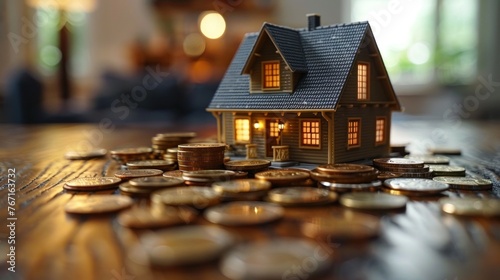 Mini house on stack of coins. Investment property concept
