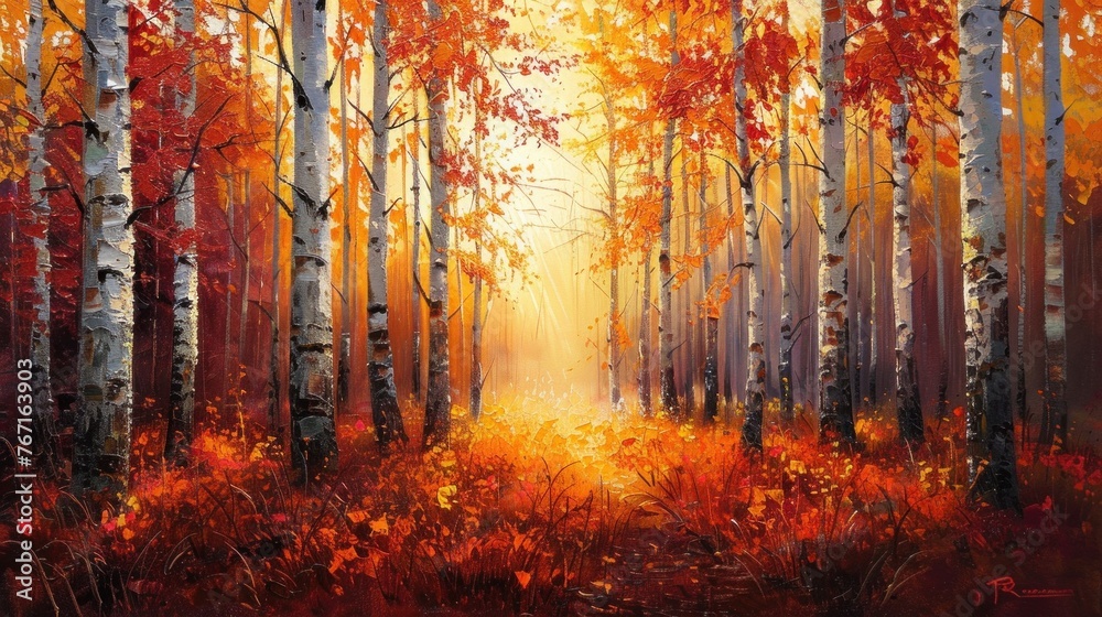 Oil painting of birch forest at sunset, capturing warm hues and dappled light.
