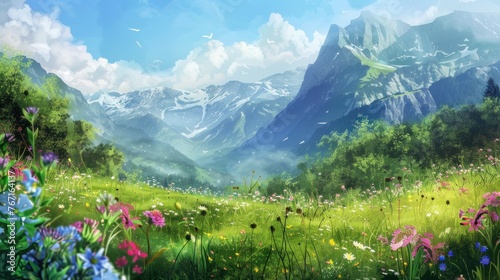 Summer landscape. Watercolor illustration of wildflowers swaying in the breeze against a backdrop of majestic mountains.