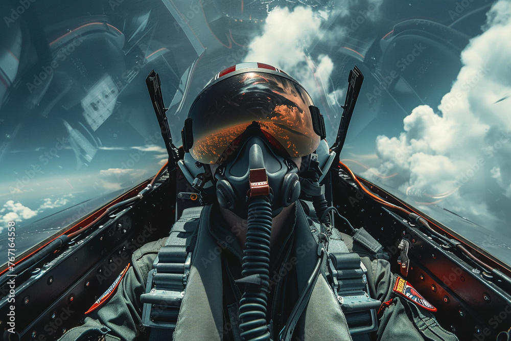 Portrait of a fighter pilot in an aircraft cockpit in the sky during aviator military mission. Portrait of a fighter pilot in an aircraft cockpit in the sky during aviator military mission.