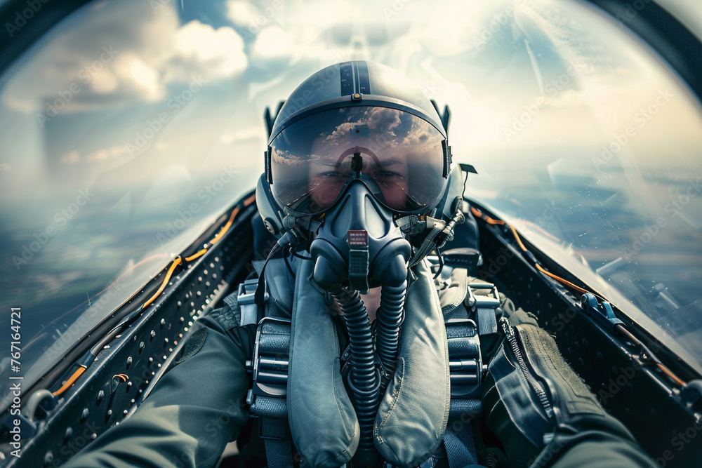 Fototapeta premium Portrait of a fighter pilot in an aircraft cockpit in the sky during aviator military mission. 