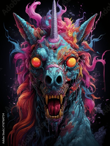 A colorful zombie unicorn with a demonic look on its face. Printable design for t-shirts