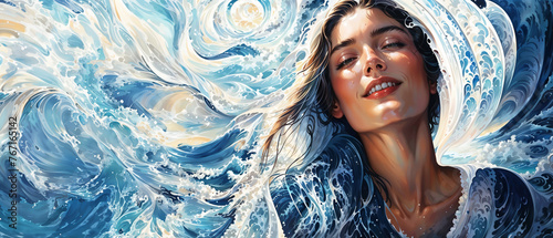 Mythical siren princess swimming and splashing her hair in the blue ocean water waves, pure bliss and enjoyment in the sea  - fantasy role playing female portrait. photo