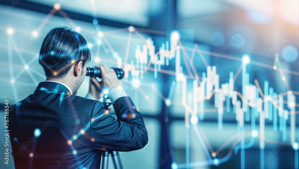 Strategic vision and future planning. A businessman perspective through the lens of a telescope, exploring opportunities for growth and success in business ventures