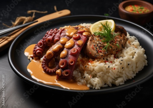 Roasted octopus on rice plate