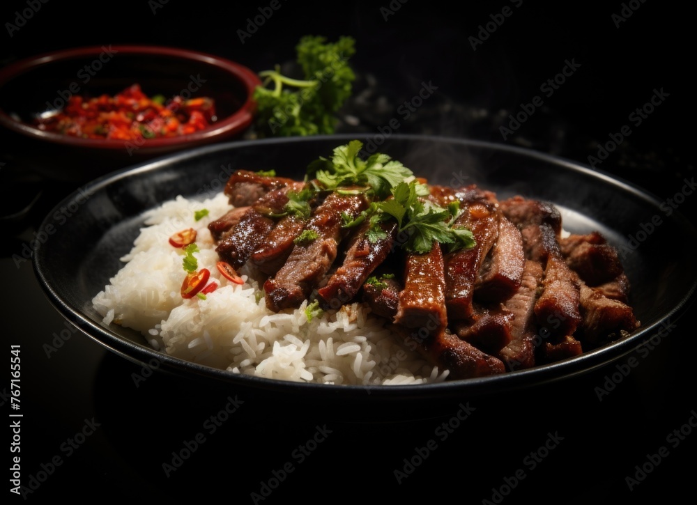 Delectable Chinese dish featuring roasted lamb atop steamed rice Delectable Chinese dish featuring roasted lamb atop steamed rice