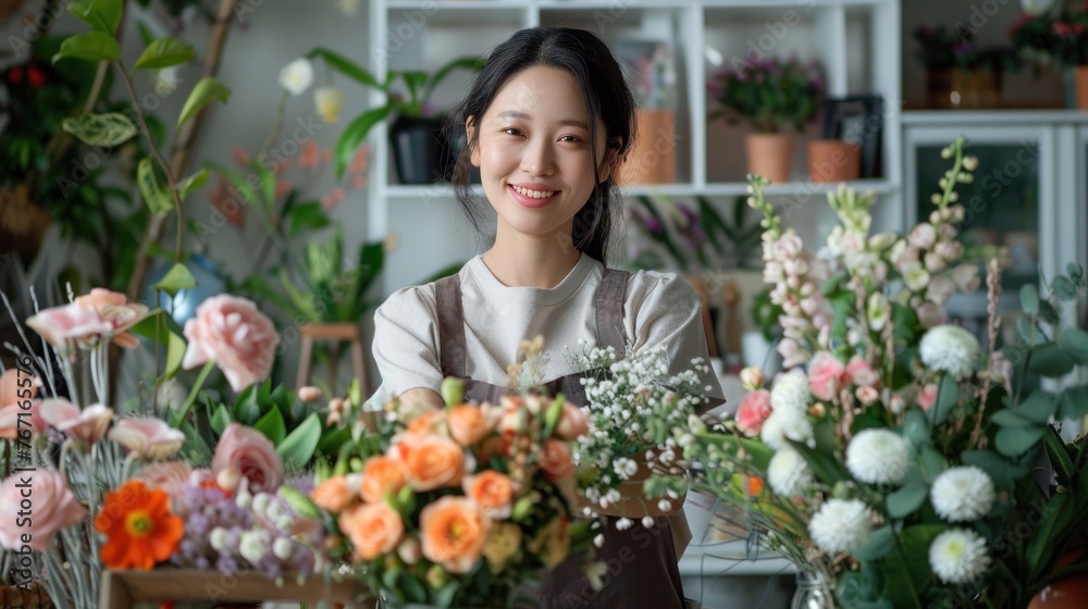 Flower arrangement by happy asian young woman florist. Indoor decor and bouquet