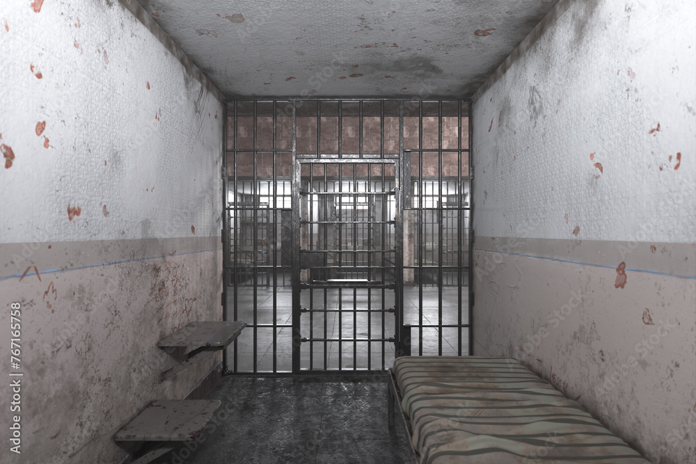 Evocative Scene of an Abandoned Prison Cell with Rusty Iron Bars and Old Benches Evocative Scene of an Abandoned Prison Cell with Rusty Iron Bars and Old Benches