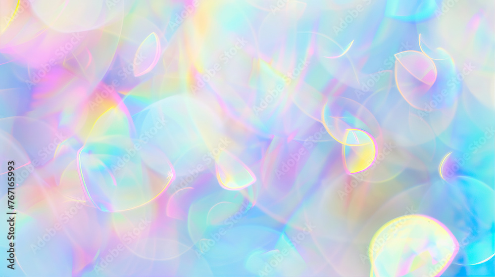 Holographic glitter pastel background with rainbow bokeh lights, shiny sparkles and white space for text.