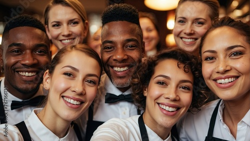 Happy service staff in uniforms taking group selfie, diverse restaurant workers smiling photo