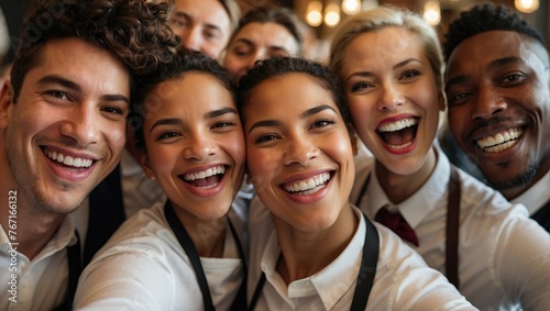 Group of ecstatic hospitality workers in formal attire taking a selfie, cheerful service staff.