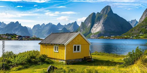 A photo of a small yellow house  with mountains behind it