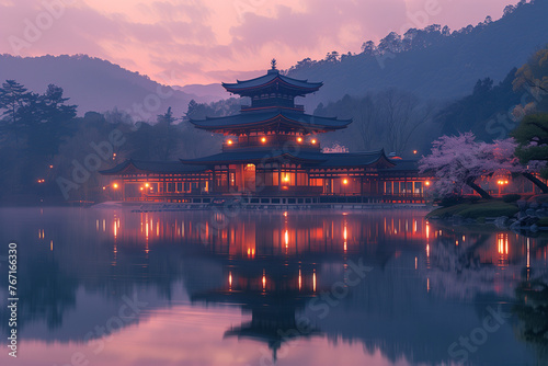 日本中国の神社と桜の景色の写真 