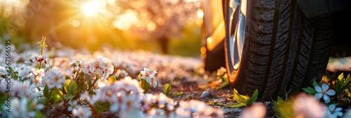 summer tires in the blooming spring in the sun - time for summer tires