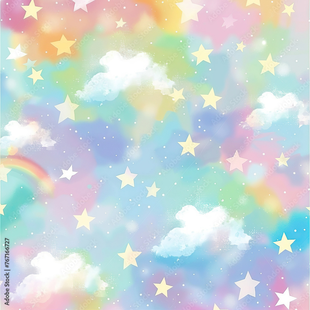 Cute pastel rainbow stars and clouds background, pastel colors, dreamy, cute background, pastel, white stars,